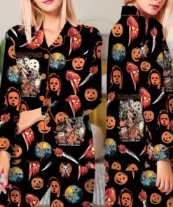 Horror Movie Pajama Set Long, Michael Myers Freddy Krueger Chucky PJs, Halloween Sleepwear, Spooky Cute Gift