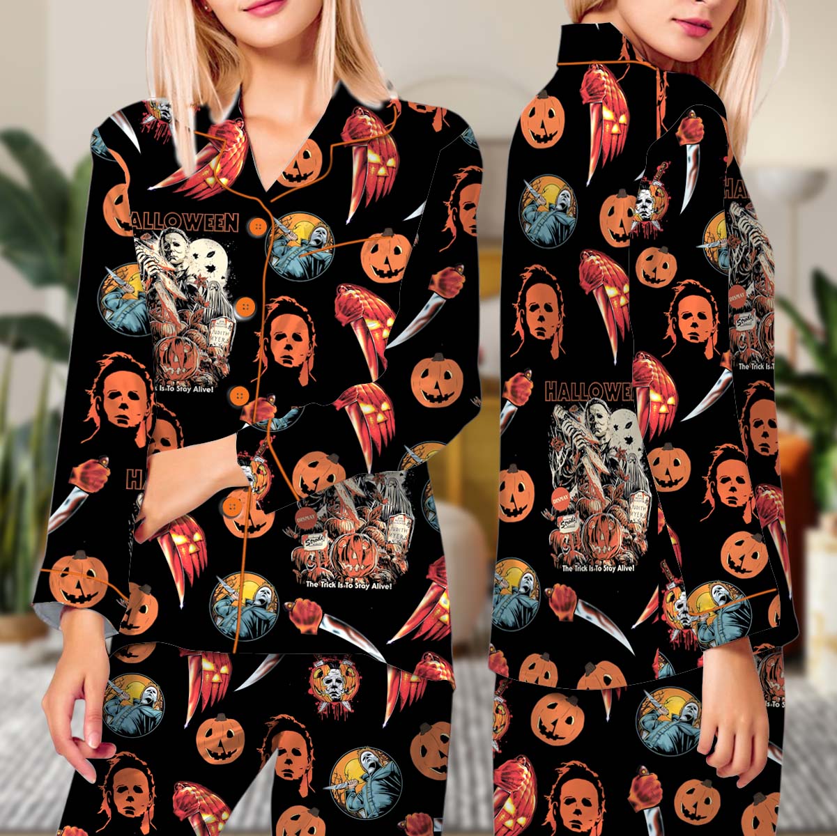 Horror Movie Pajama Set Long, Michael Myers Freddy Krueger Chucky PJs, Halloween Sleepwear, Spooky Cute Gift