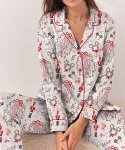 Alternative view of Retro Coquette Bow Castle Christmas Pajamas Set Long, Very Merry Christmas Party PJM, Girly Nutcracker Xmas