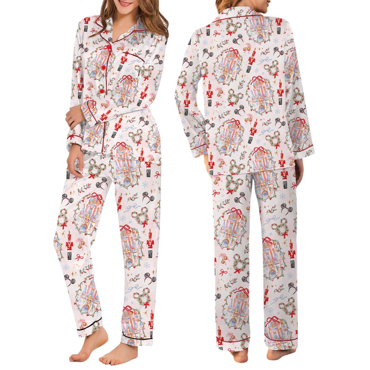 Retro Coquette Bow Castle Christmas Pajamas Set Long, Very Merry Christmas Party PJM, Girly Nutcracker Xmas