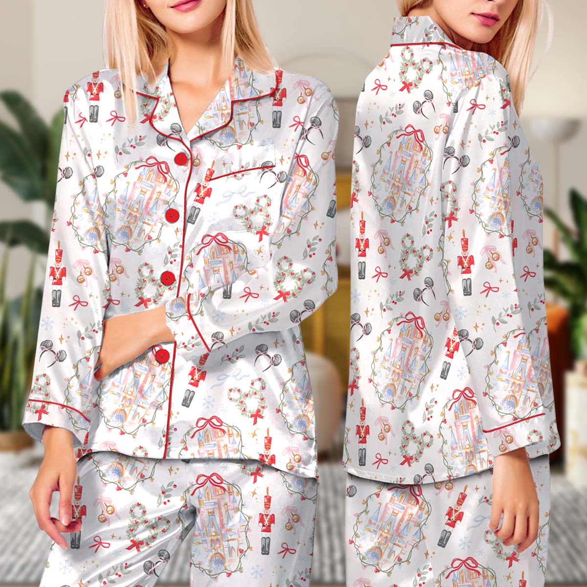 Retro Coquette Bow Castle Christmas Pajamas Set Long, Very Merry Christmas Party PJM, Girly Nutcracker Xmas - Image 3