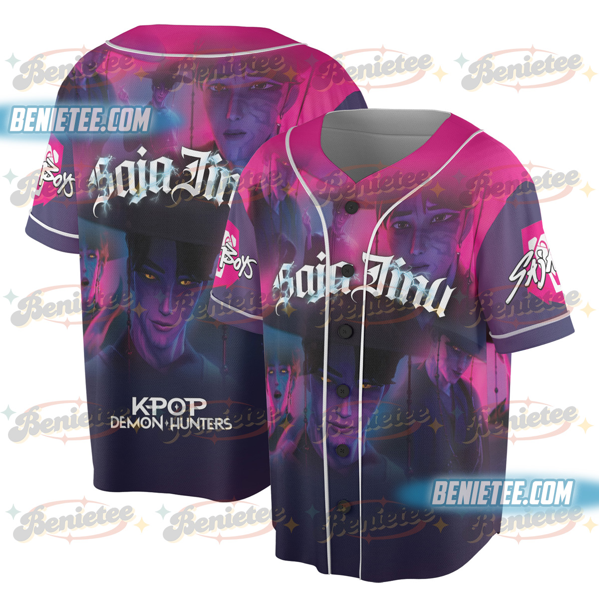 Kpop Demon Hunters Baseball Jersey, Jinu Dark version Tee, Huntrix tee , Sajaboys Jersey, Korean Style Graphic Shirt - Image 5