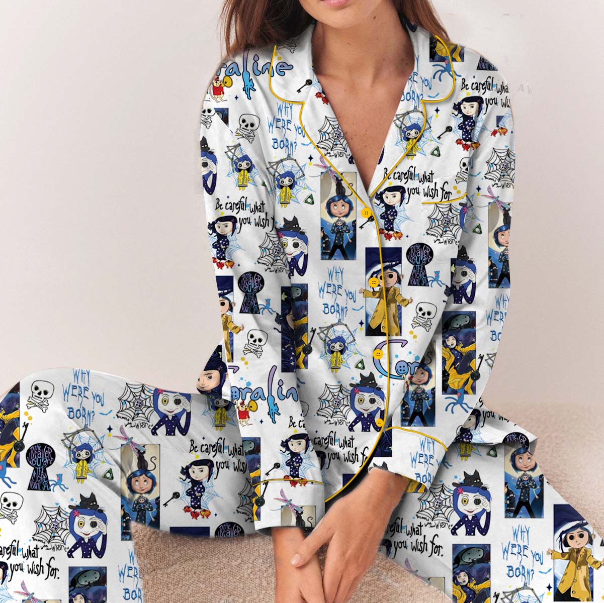 Coraline Halloween Pajamas Set Long, Coraline Fan Tee, Spooky Character Pajamas - Image 3
