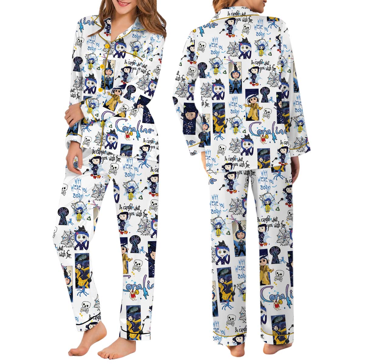 Coraline Halloween Pajamas Set Long, Coraline Fan Tee, Spooky Character Pajamas - Image 2