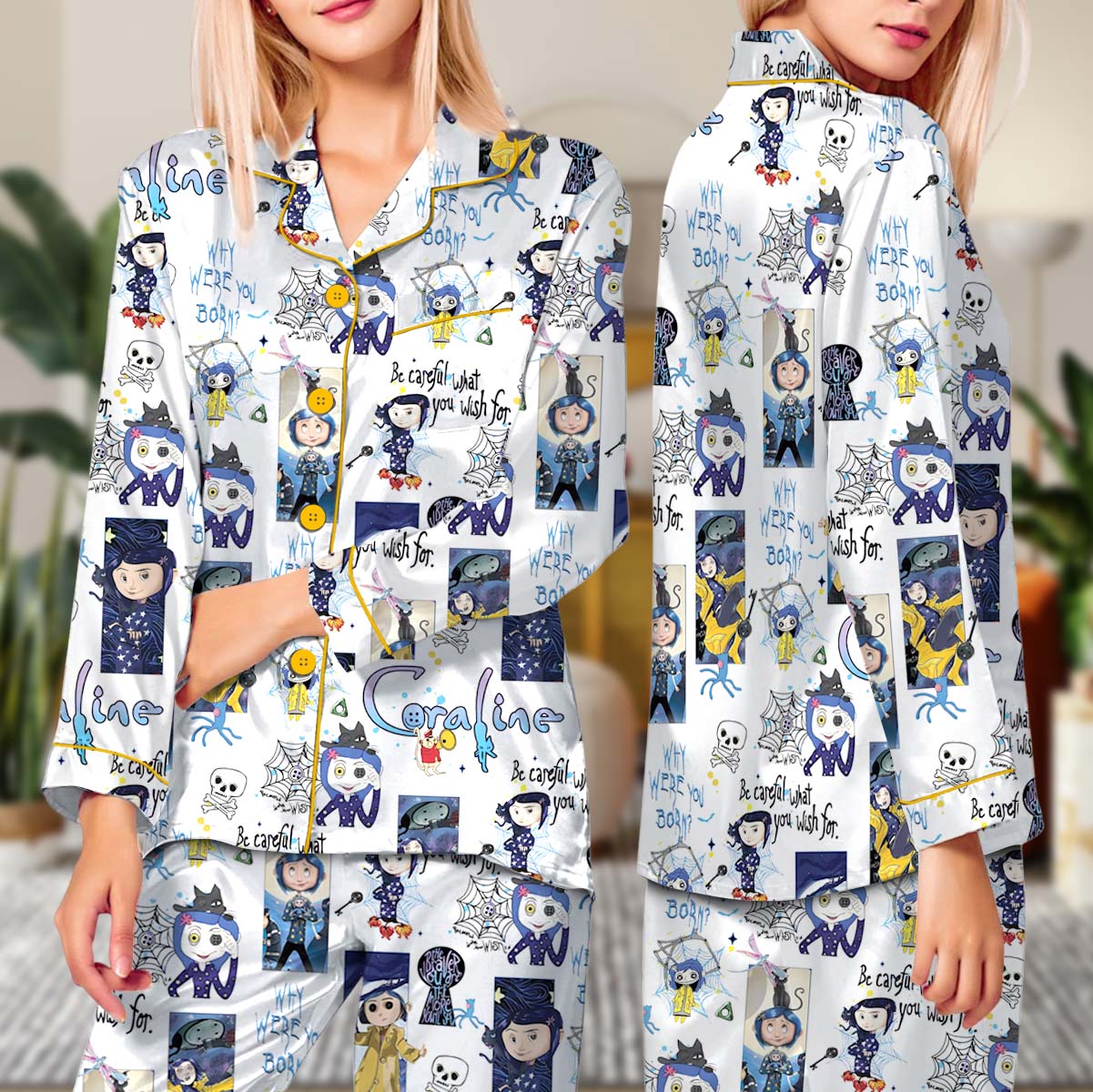 Coraline Halloween Pajamas Set Long, Coraline Fan Tee, Spooky Character Pajamas