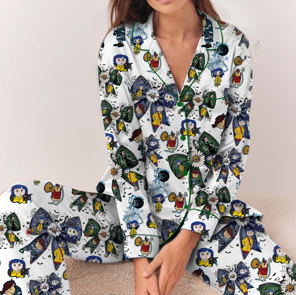 Halloween Doll Button Eyes Long Pajamas Set, Horror Cartoon Movie Shirt, Cartoon Character Pajamas