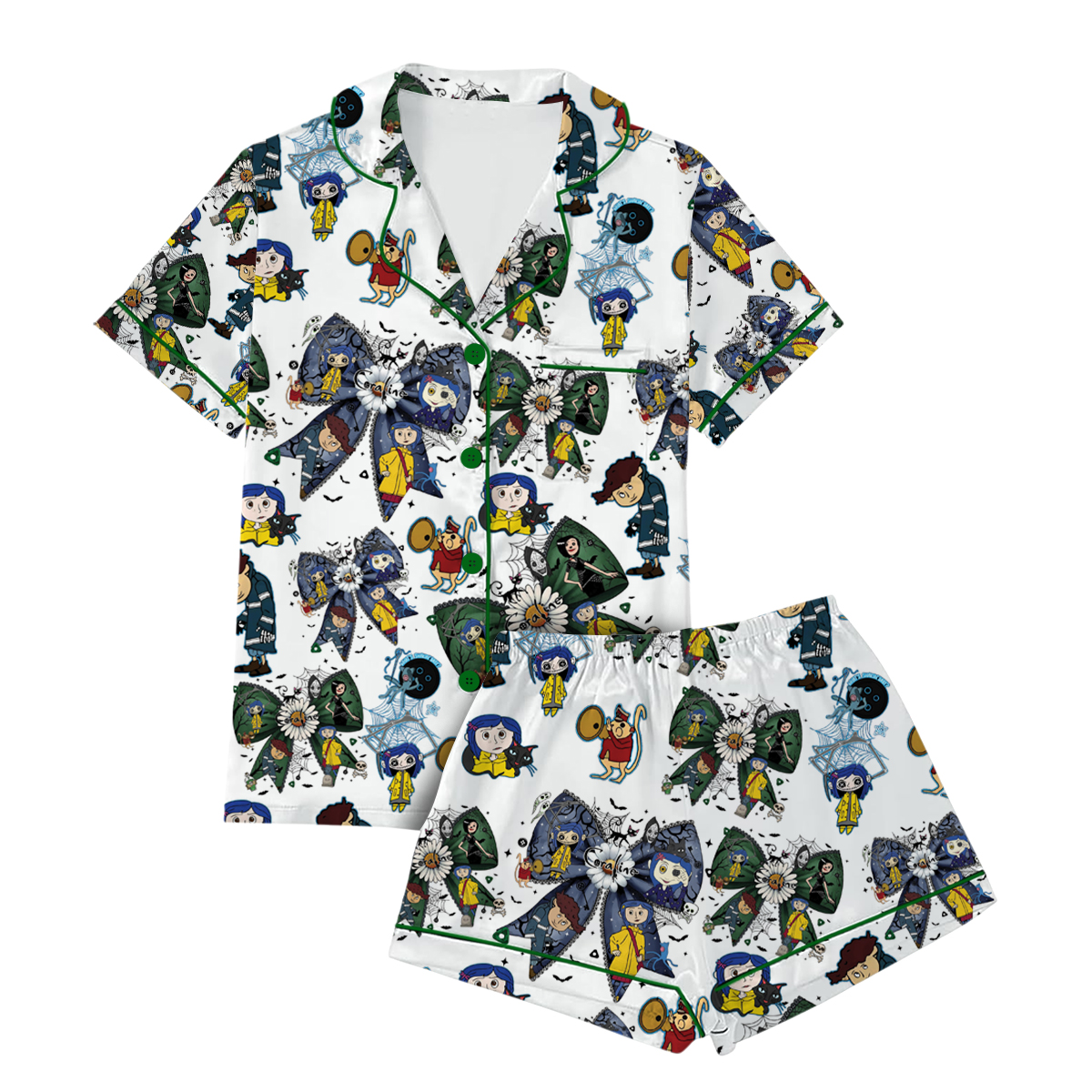 Halloween Doll Button Eyes Pajamas Set Short, Horror Cartoon Movie Shirt, Cartoon Character Pajamas