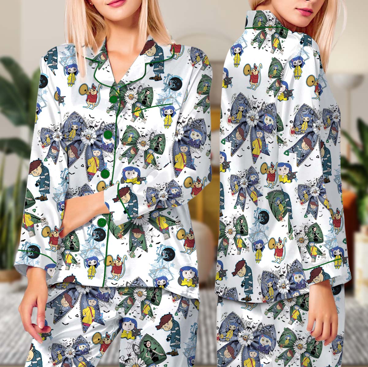 Halloween Doll Button Eyes Long Pajamas Set, Horror Cartoon Movie Shirt, Cartoon Character Pajamas - Image 2