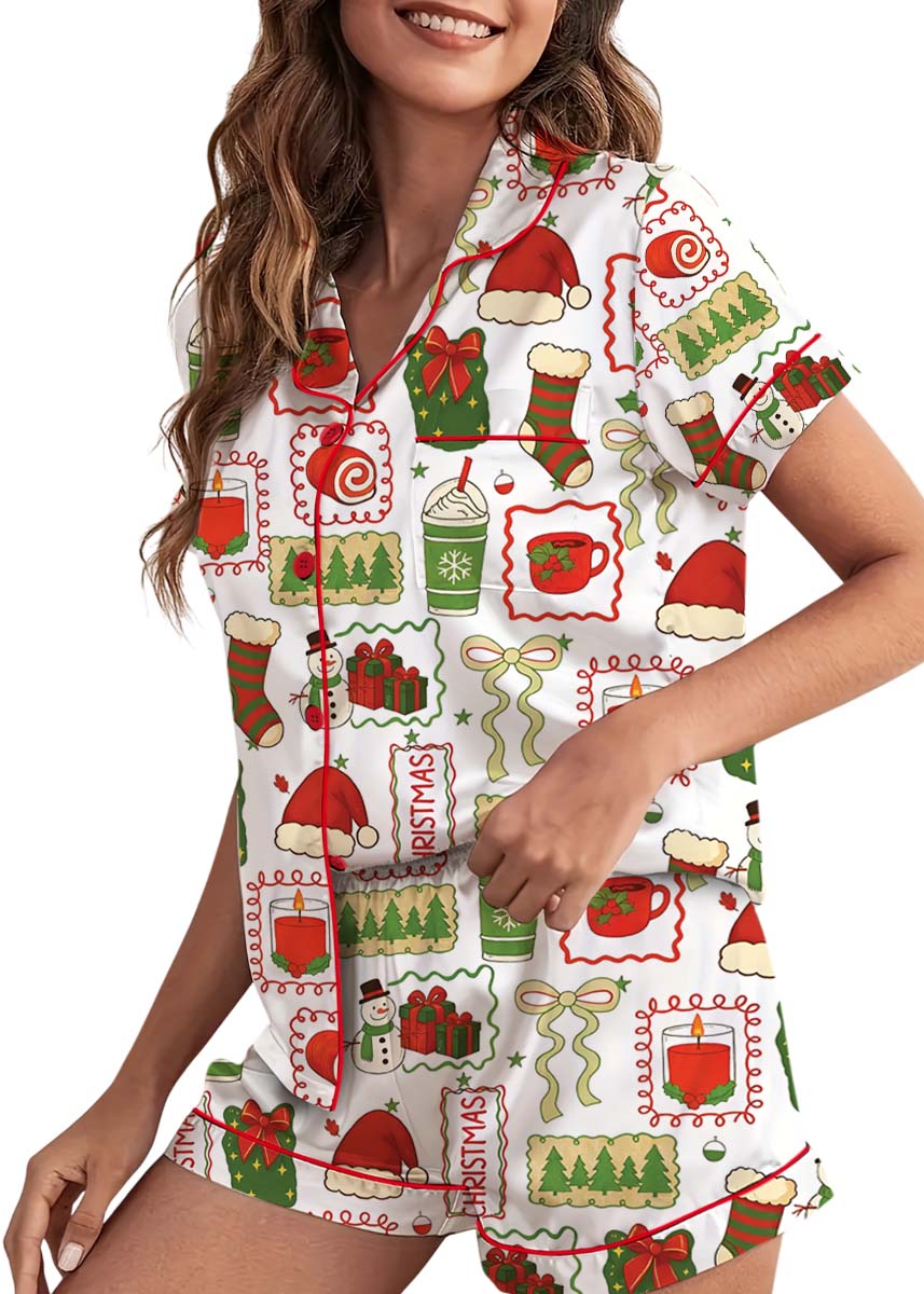 Christmas Pajamas Set Short, Cute Santa Gingerbread & Christmas Tree Pajamas, Cute Holiday Loungewear - Image 4