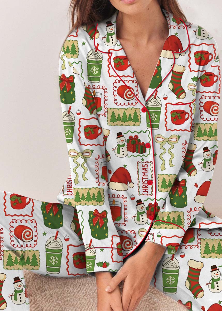 Christmas Pajamas Set Long, Cute Santa Gingerbread & Christmas Tree Pajamas, Cute Holiday Loungewear - Image 3