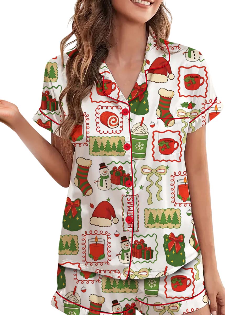 Christmas Pajamas Set Short, Cute Santa Gingerbread & Christmas Tree Pajamas, Cute Holiday Loungewear - Image 2