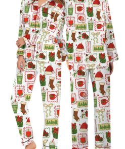 Christmas Pajamas Set Long, Cute Santa Gingerbread & Christmas Tree Pajamas, Cute Holiday Loungewear