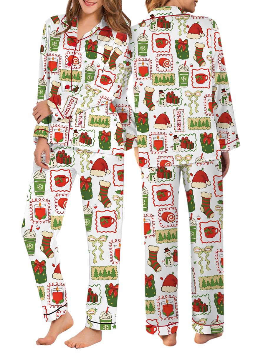 Christmas Pajamas Set Long, Cute Santa Gingerbread & Christmas Tree Pajamas, Cute Holiday Loungewear