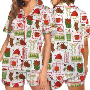 Christmas Pajamas Set Short, Cute Santa Gingerbread & Christmas Tree Pajamas, Cute Holiday Loungewear