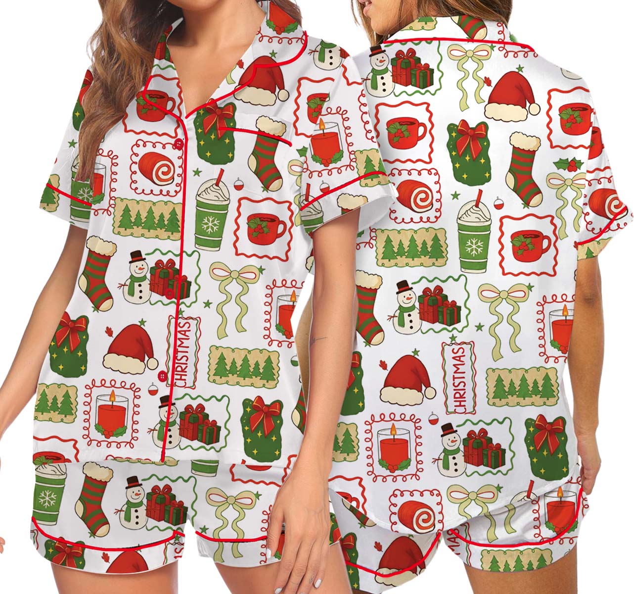Christmas Pajamas Set Short, Cute Santa Gingerbread & Christmas Tree Pajamas, Cute Holiday Loungewear