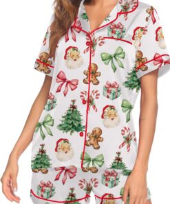 Alternative view of Matching Christmas Pajamas Set Short, Pink Bow Pattern Xmas Family PJM Set,Xmas Matching Shirt,Xmas Family Satin Pajamas, Bachelorette Party Pjs