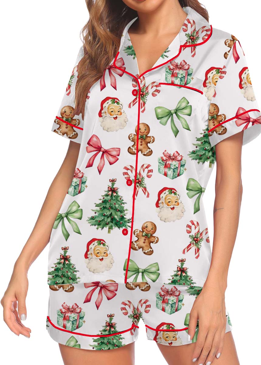 Matching Christmas Pajamas Set Short, Pink Bow Pattern Xmas Family PJM Set,Xmas Matching Shirt,Xmas Family Satin Pajamas, Bachelorette Party Pjs - Image 2