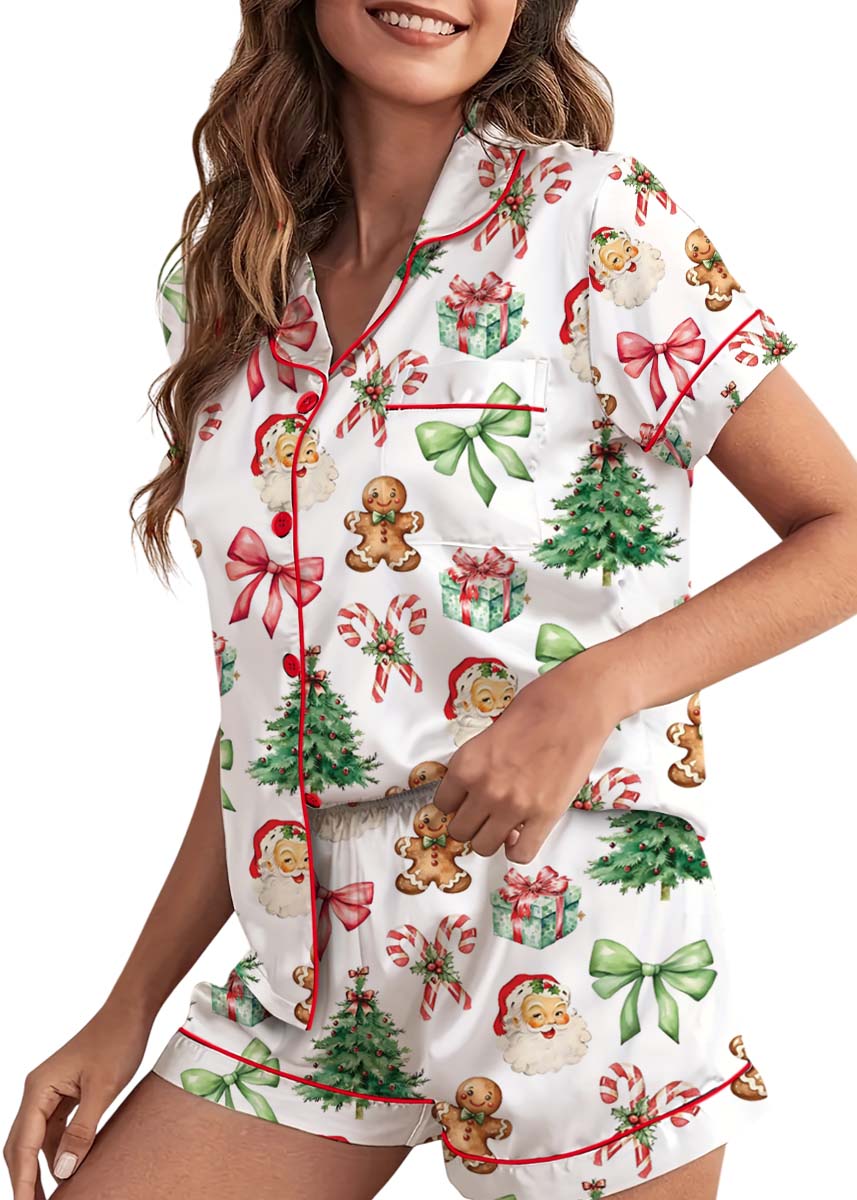 Matching Christmas Pajamas Set Short, Pink Bow Pattern Xmas Family PJM Set,Xmas Matching Shirt,Xmas Family Satin Pajamas, Bachelorette Party Pjs - Image 3