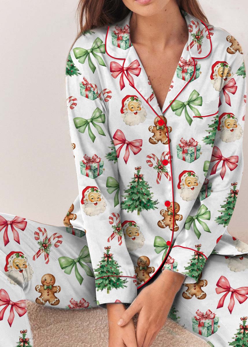 Matching Christmas Pajamas Set Long, Pink Bow Pattern Xmas Family PJM Set,Xmas Matching Shirt,Xmas Family Satin Pajamas, Bachelorette Party Pjs - Image 3