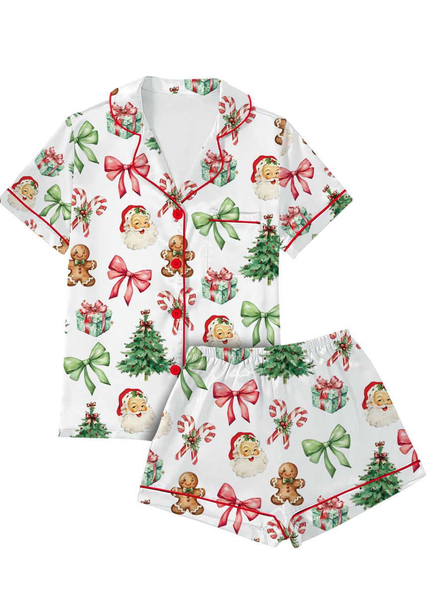 Matching Christmas Pajamas Set Short, Pink Bow Pattern Xmas Family PJM Set,Xmas Matching Shirt,Xmas Family Satin Pajamas, Bachelorette Party Pjs - Image 4