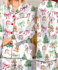 Alternative view of Matching Christmas Pajamas Set Long, Pink Bow Pattern Xmas Family PJM Set,Xmas Matching Shirt,Xmas Family Satin Pajamas, Bachelorette Party Pjs
