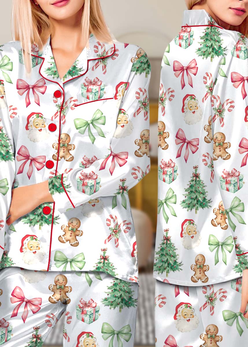 Matching Christmas Pajamas Set Long, Pink Bow Pattern Xmas Family PJM Set,Xmas Matching Shirt,Xmas Family Satin Pajamas, Bachelorette Party Pjs - Image 2