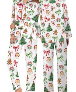 Matching Christmas Pajamas Set Long, Pink Bow Pattern Xmas Family PJM Set,Xmas Matching Shirt,Xmas Family Satin Pajamas, Bachelorette Party Pjs