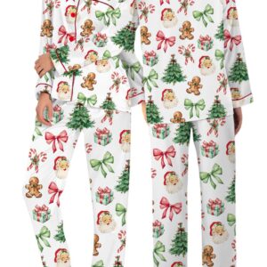 Matching Christmas Pajamas Set Long, Pink Bow Pattern Xmas Family PJM Set,Xmas Matching Shirt,Xmas Family Satin Pajamas, Bachelorette Party Pjs