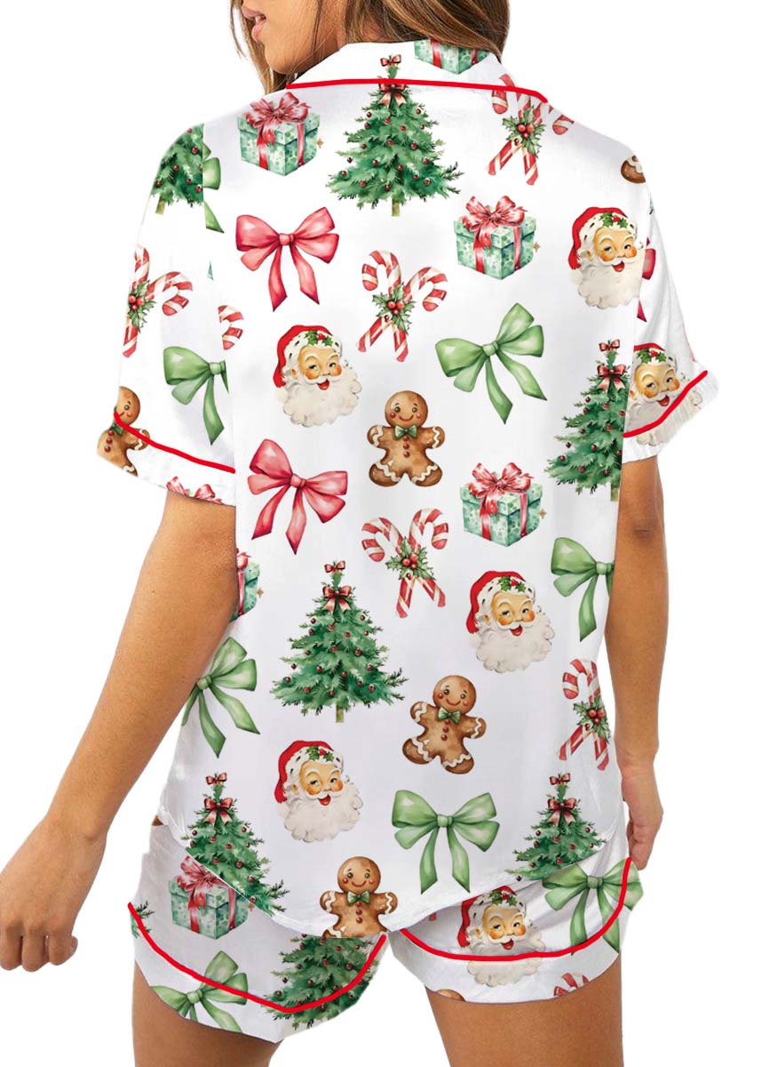Matching Christmas Pajamas Set Short, Pink Bow Pattern Xmas Family PJM Set,Xmas Matching Shirt,Xmas Family Satin Pajamas, Bachelorette Party Pjs - Image 5