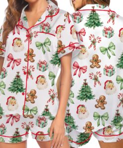Matching Christmas Pajamas Set Short, Pink Bow Pattern Xmas Family PJM Set,Xmas Matching Shirt,Xmas Family Satin Pajamas, Bachelorette Party Pjs