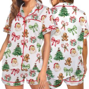 Matching Christmas Pajamas Set Short, Pink Bow Pattern Xmas Family PJM Set,Xmas Matching Shirt,Xmas Family Satin Pajamas, Bachelorette Party Pjs