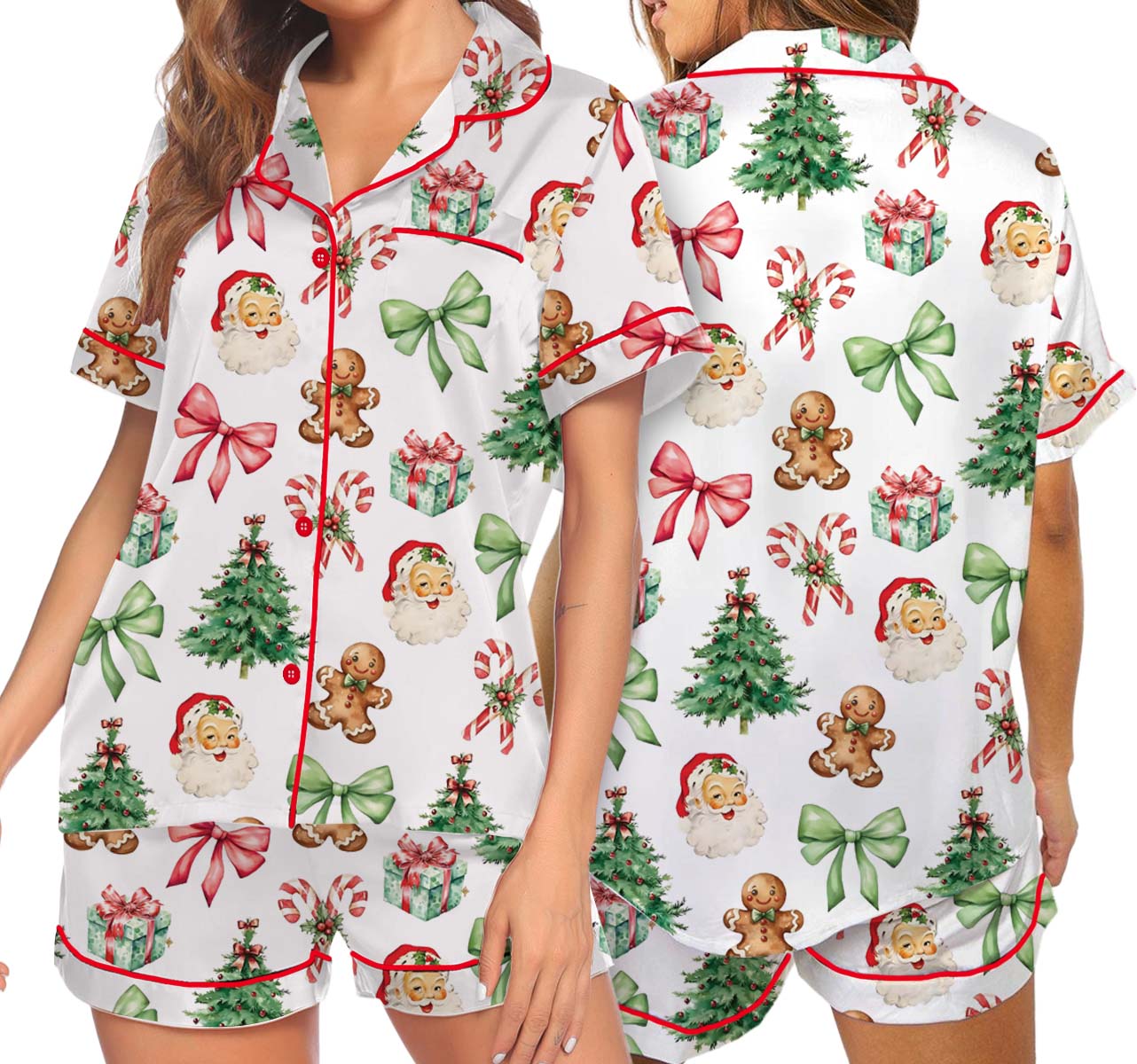 Matching Christmas Pajamas Set Short, Pink Bow Pattern Xmas Family PJM Set,Xmas Matching Shirt,Xmas Family Satin Pajamas, Bachelorette Party Pjs