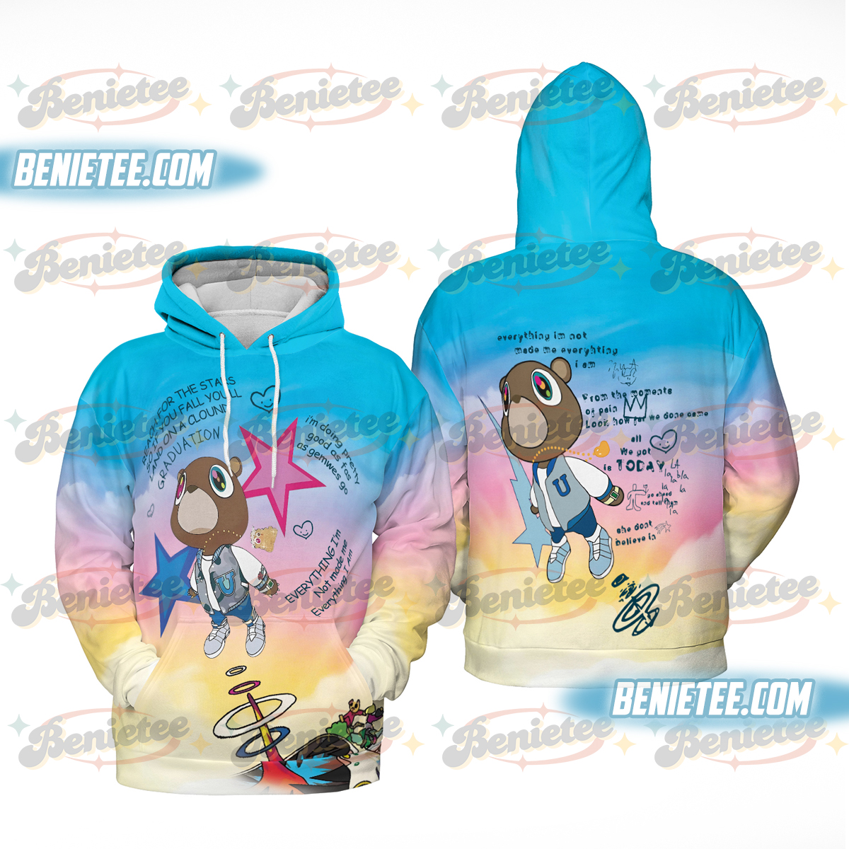 Kannye Graduation Bear Shirt 3D, Streetwear Hip Hop Graphic Hoodie 3D, College Dropout Retro Album Inspired Shirt, Unisex Rap Music Merch Top