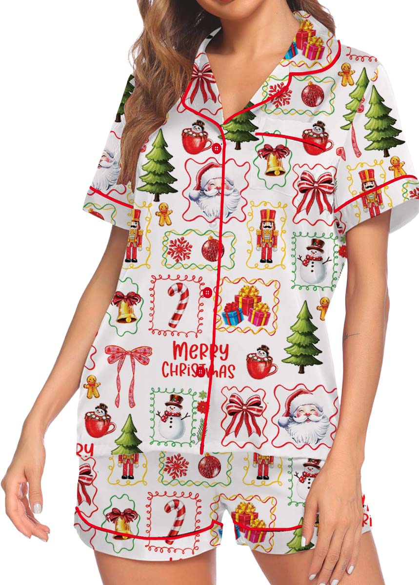 Matching Pajamas Bow Santa Print Button Short - Image 2