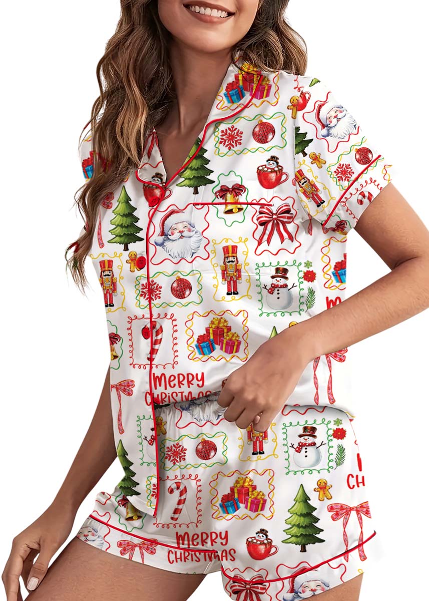 Matching Pajamas Bow Santa Print Button Short - Image 3