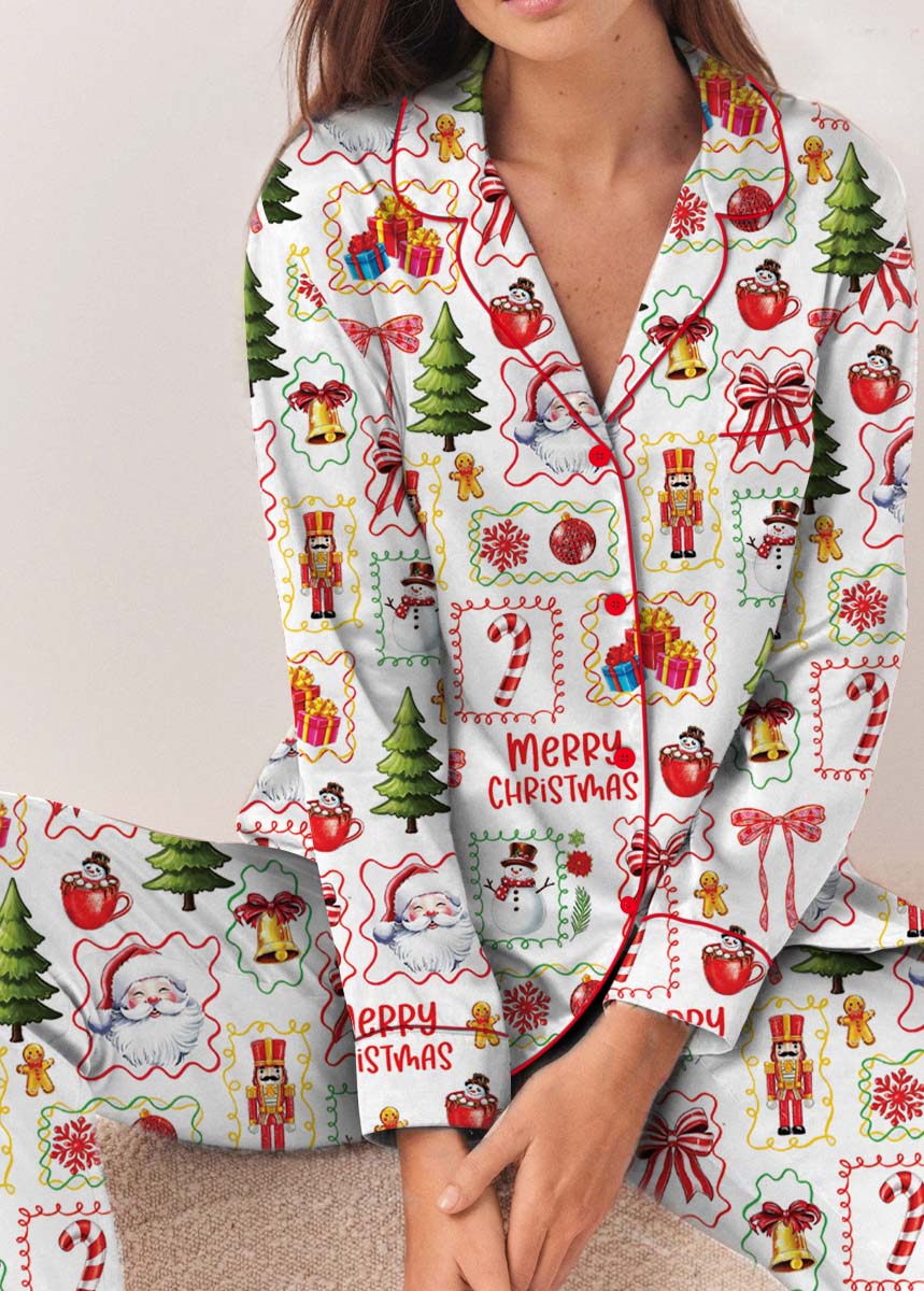 Matching Pajamas Bow Santa Print Button Down Long Sleeve - Image 3