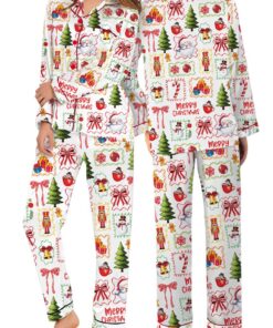 Matching Pajamas Bow Santa Print Button Down Long Sleeve