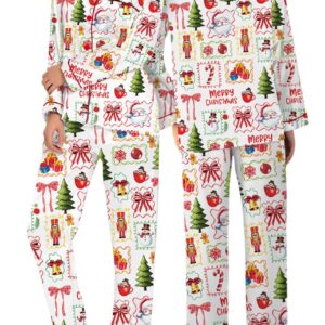 Matching Pajamas Bow Santa Print Button Down Long Sleeve