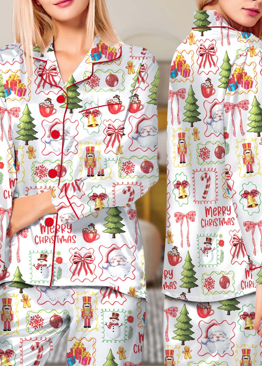 Matching Pajamas Bow Santa Print Button Down Long Sleeve - Image 2