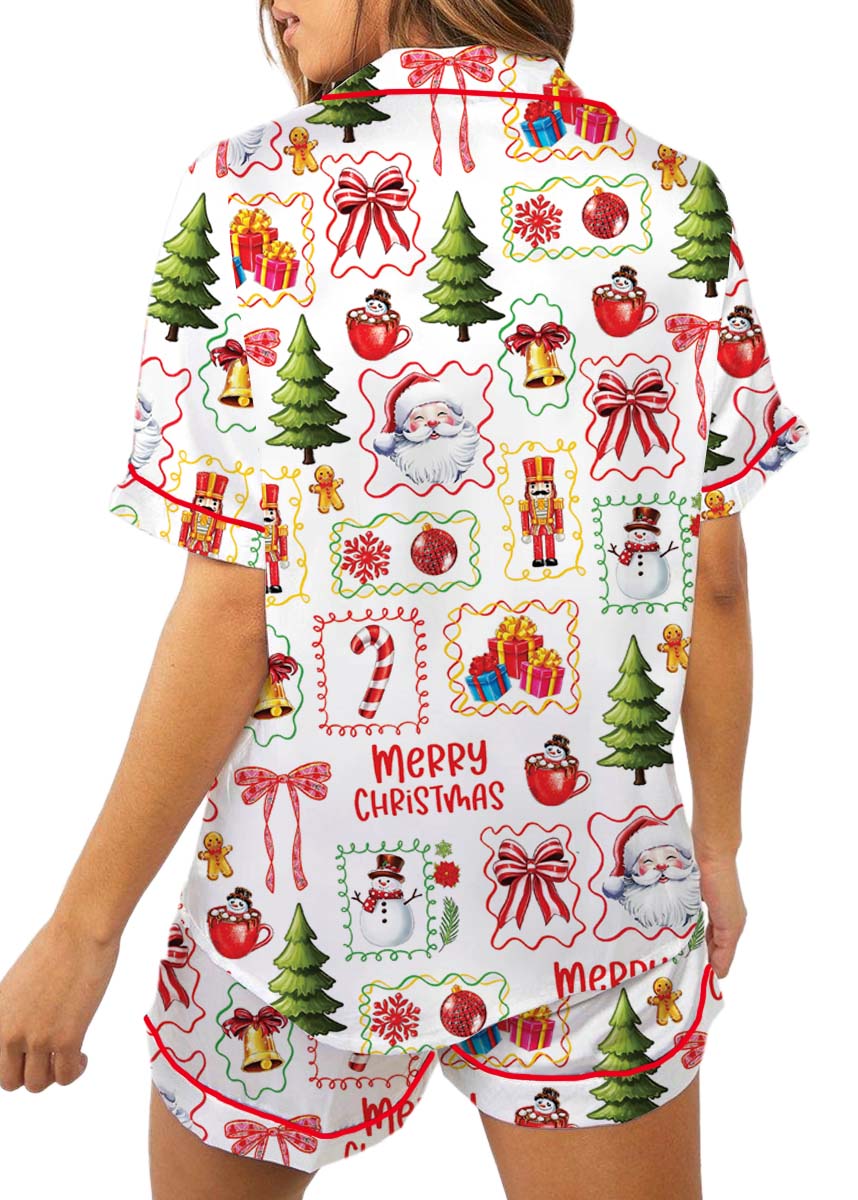 Matching Pajamas Bow Santa Print Button Short - Image 4
