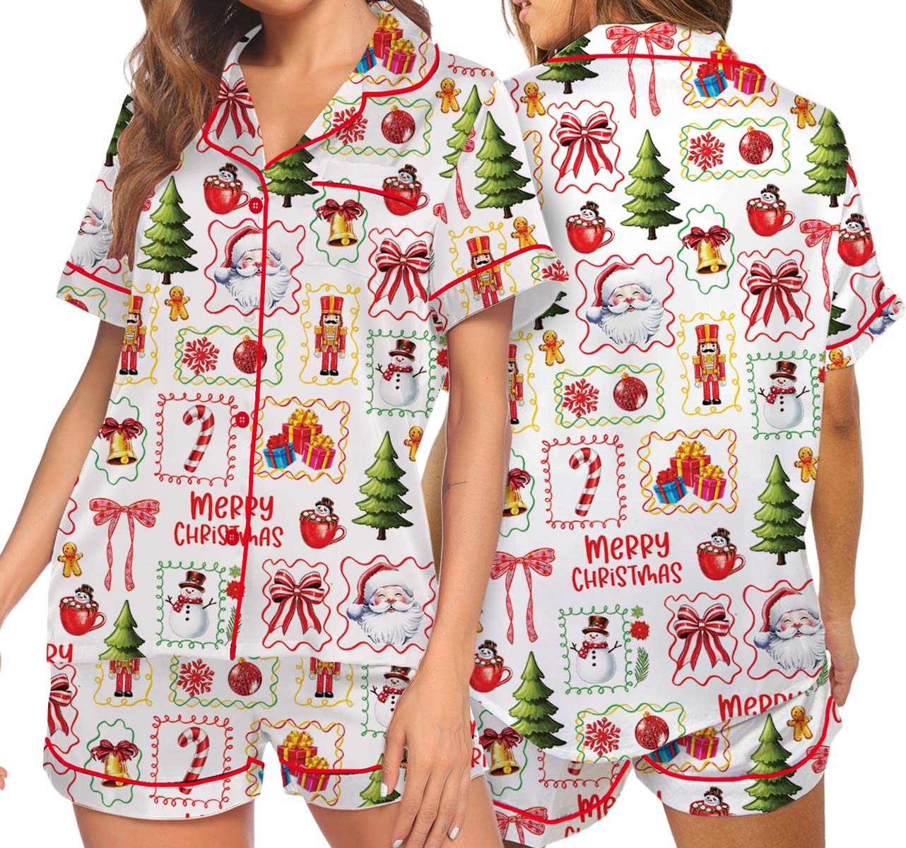 Matching Pajamas Bow Santa Print Button Short