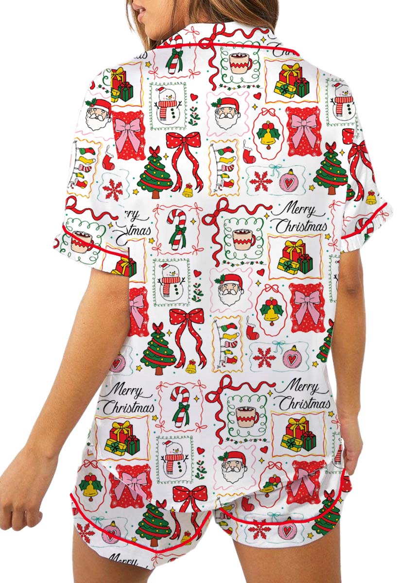 Matching Pajamas Bow Santa Print Button Short - Image 5