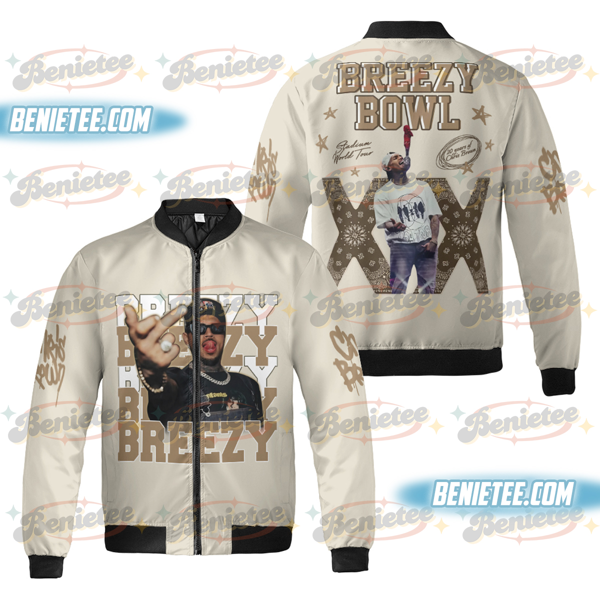 Retro Chris Brown Concert 2025 Jacket For Men, Breezy Bowl XX Tour Bomber Jacket, Music Tour Y2k Streetwear Jacket