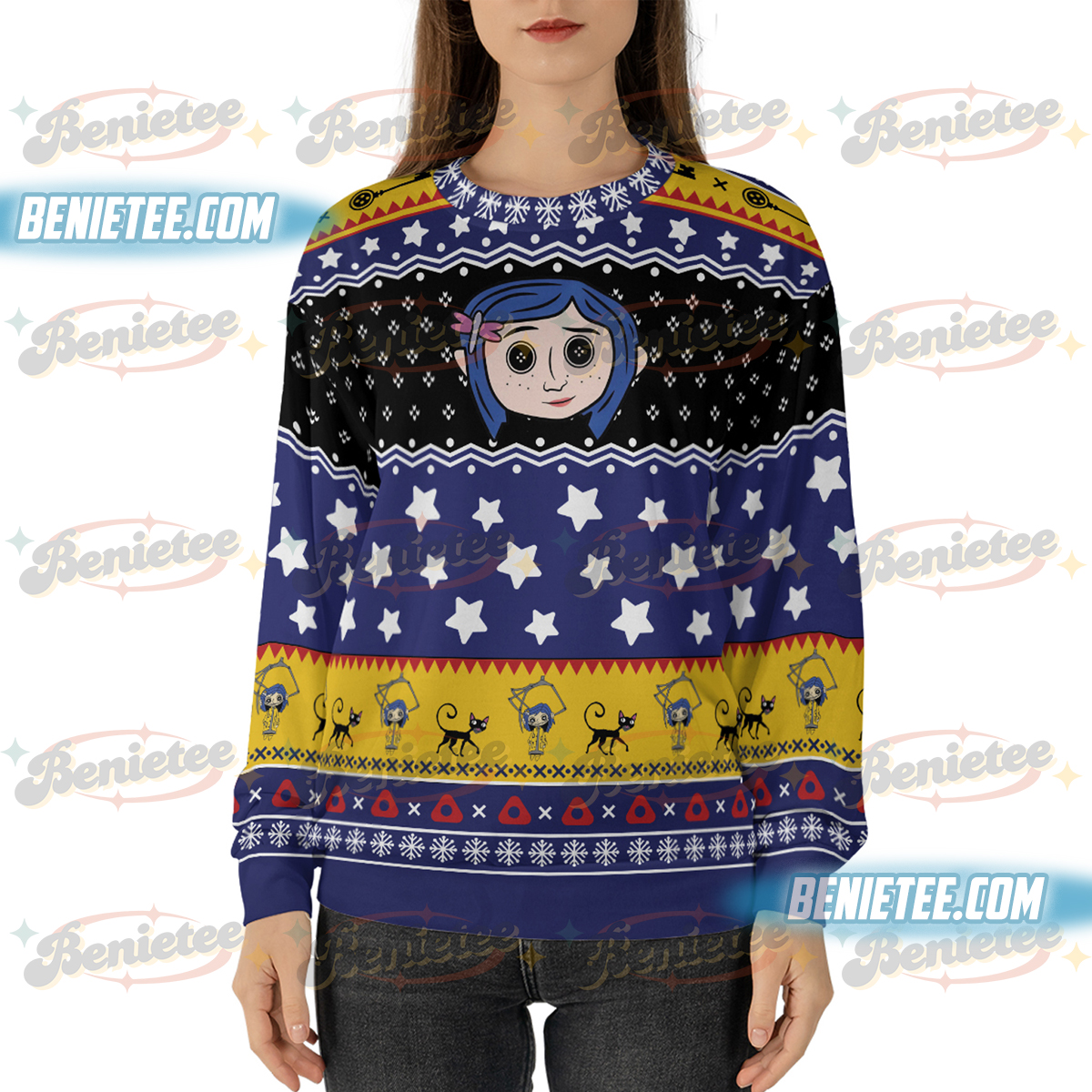 Scary Ragroll Sweatshirt, Cora Button eyes UGLY Sweatshirt, Bleached button doll gift, Movie Be Wise Be Brave, Coraline Jones Long sleeve - Image 5