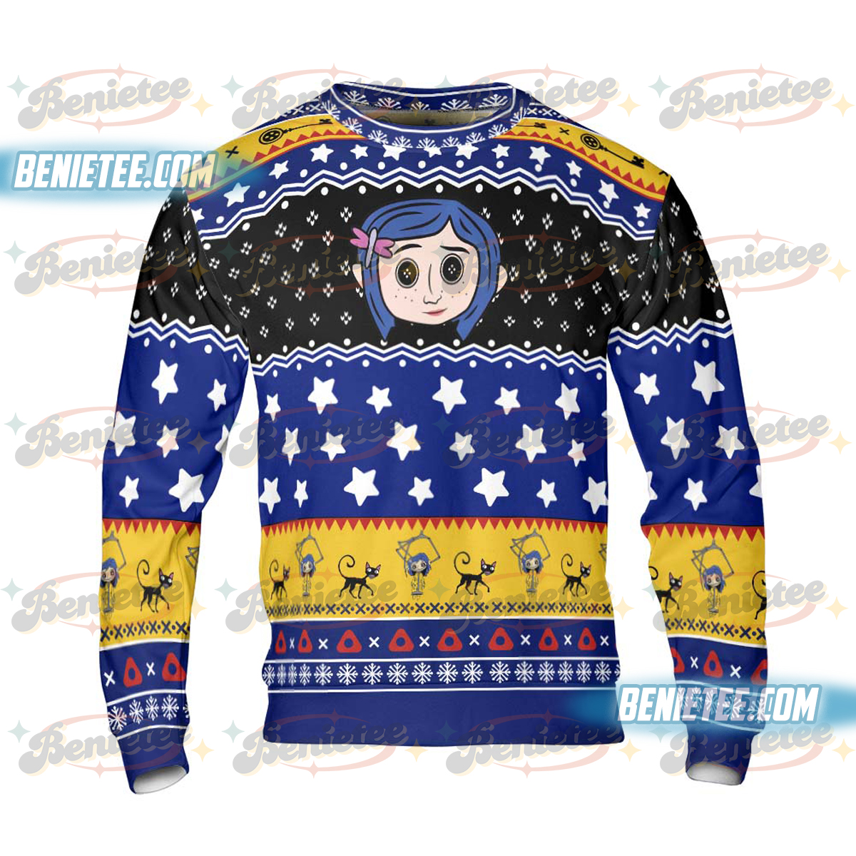 Scary Ragroll Sweatshirt, Cora Button eyes UGLY Sweatshirt, Bleached button doll gift, Movie Be Wise Be Brave, Coraline Jones Long sleeve - Image 4