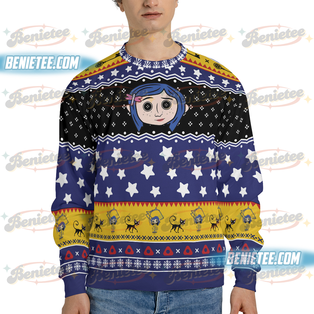 Scary Ragroll Sweatshirt, Cora Button eyes UGLY Sweatshirt, Bleached button doll gift, Movie Be Wise Be Brave, Coraline Jones Long sleeve - Image 2