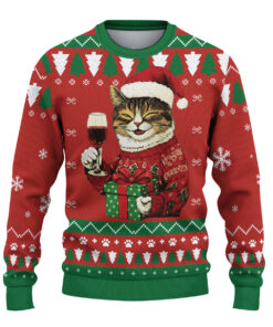 Alternative view of Cat Drinking Wine Ugly Christmas Sweater