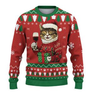 Alternative view of Cat Drinking Wine Ugly Christmas Sweater