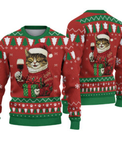 Cat Drinking Wine Ugly Christmas Sweater