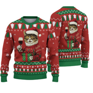 Cat Drinking Wine Ugly Christmas Sweater
